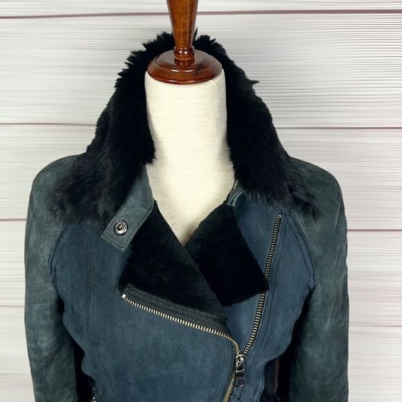 Armani Exchange Charcoal Leather Suede Moto Bomber Jacket Fur Collar Satin Back - Picture 4 of 15